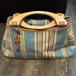 Fossil Cabana Stripe Canvas Wood Handled‎ Satchel Handbag in multicolor.
